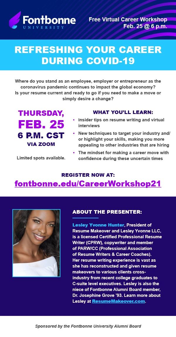 Virtual Career Workshop flyer for Fontbonne University